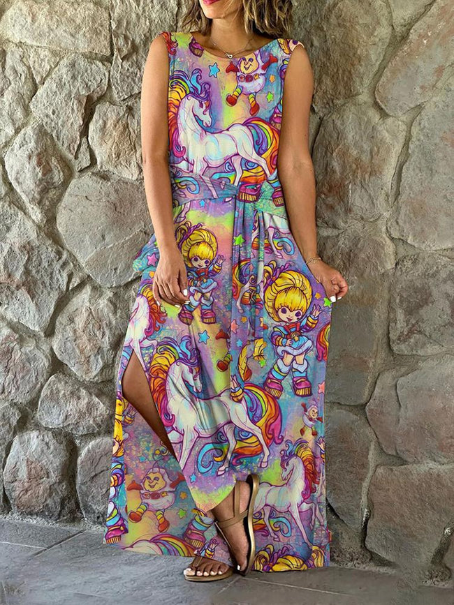 Vintage 1980s Rainbow Girl Print Sleeveless Stretch Dress