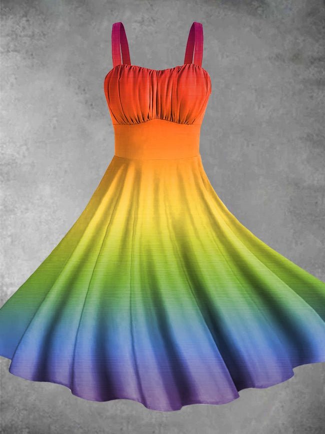 Vintage Rainbow Print Backless Dress