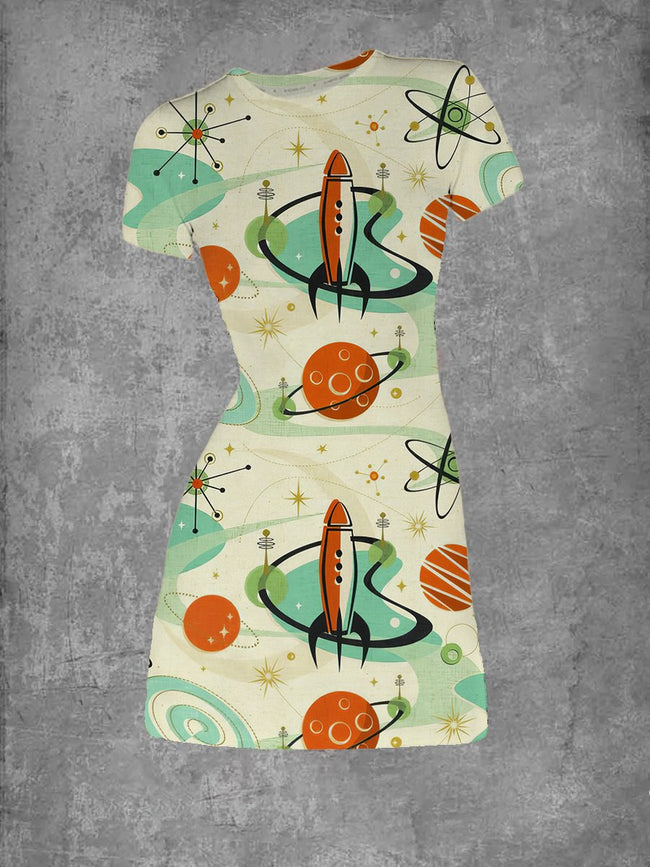 Women's Retro Intergalactic Abstract Print Crew Neck T-Shirt Dress