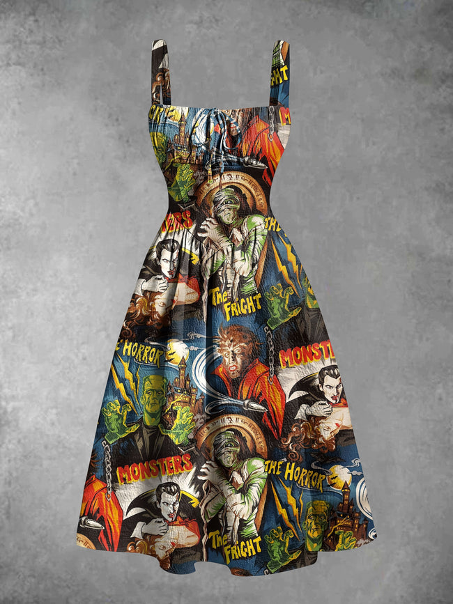 Vintage Monster Halloween Print Pleated Bust Tuck In Waist Backless Dress