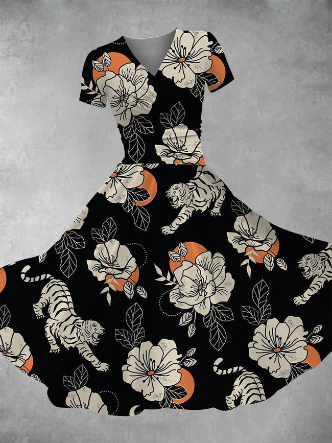 Women's Vintage Tiger Tattoos Print Maxi Dress