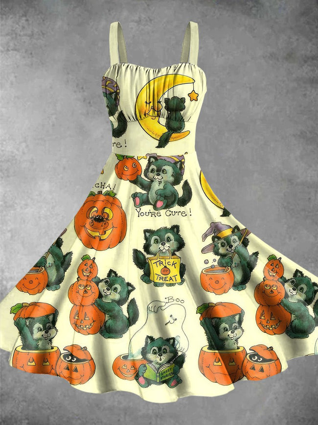 Vintage Raccoon Halloween Print Backless Dress