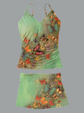 Women’s V-neck Vintage Butterfly Art Print Suspender Skirt Tankini Set Swimsuit