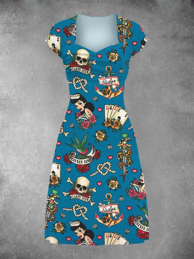 Women's Vintage Pin-up Girl Tattoo Patchwork Casual Midi Dress