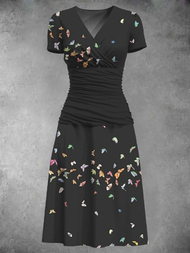 Women's Vintage Butterfly Art Print Midi Dress