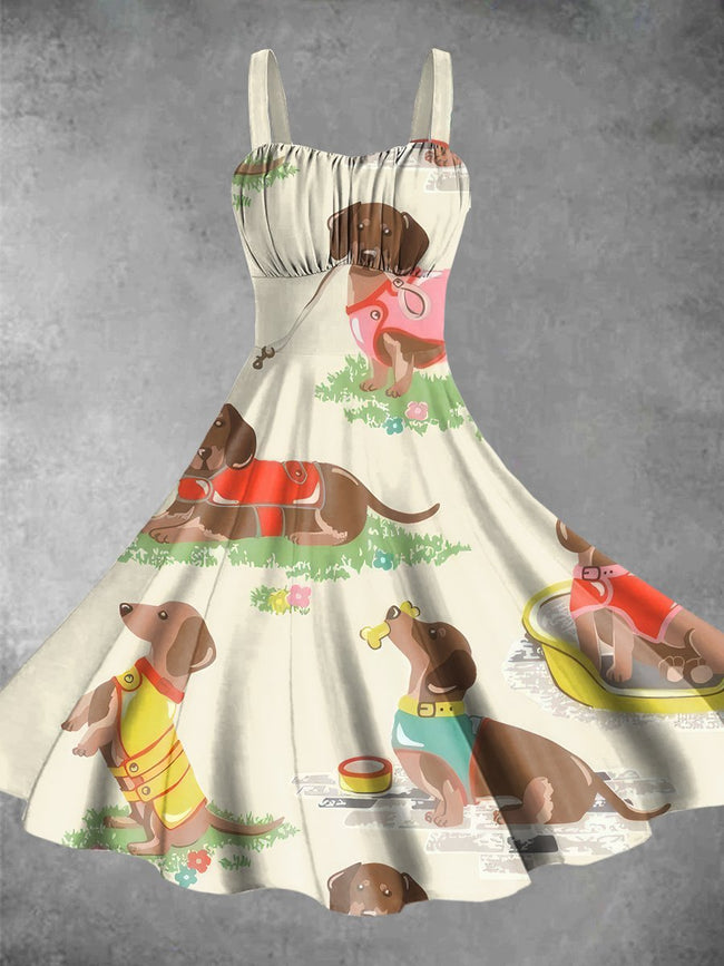 Vintage Cute Dachshund Print Backless Dress