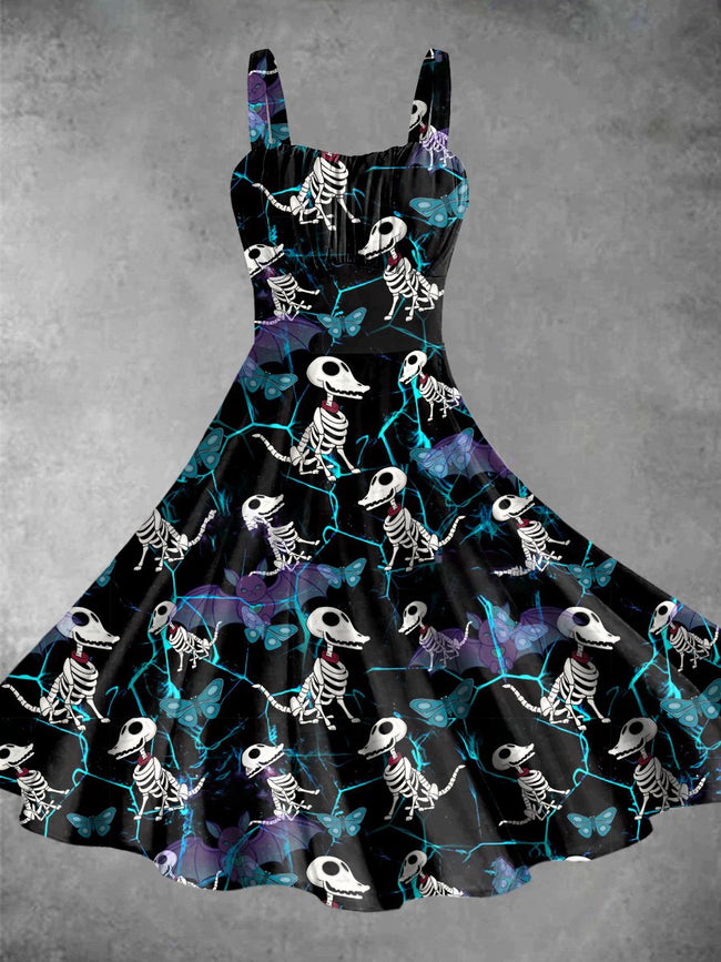 Vintage Skull Animal Halloween Print Backless Dress