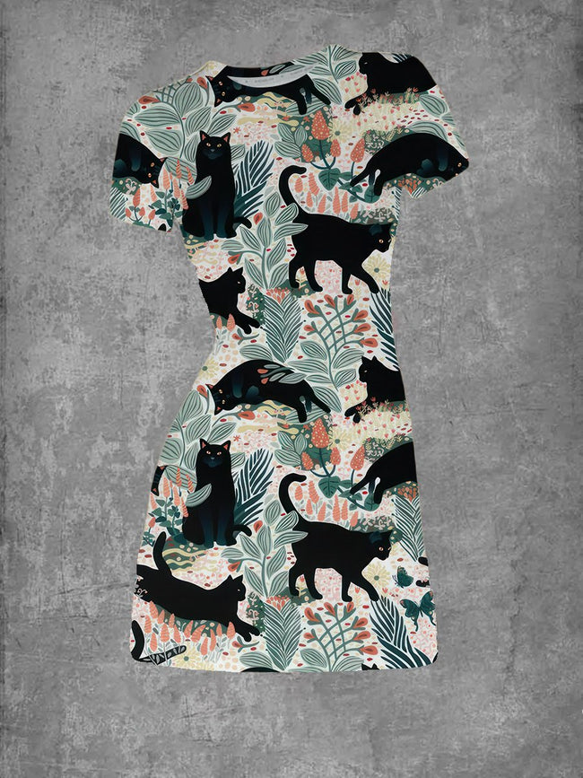 Women's Black Cat Garden Print Crew Neck T-Shirt Dress