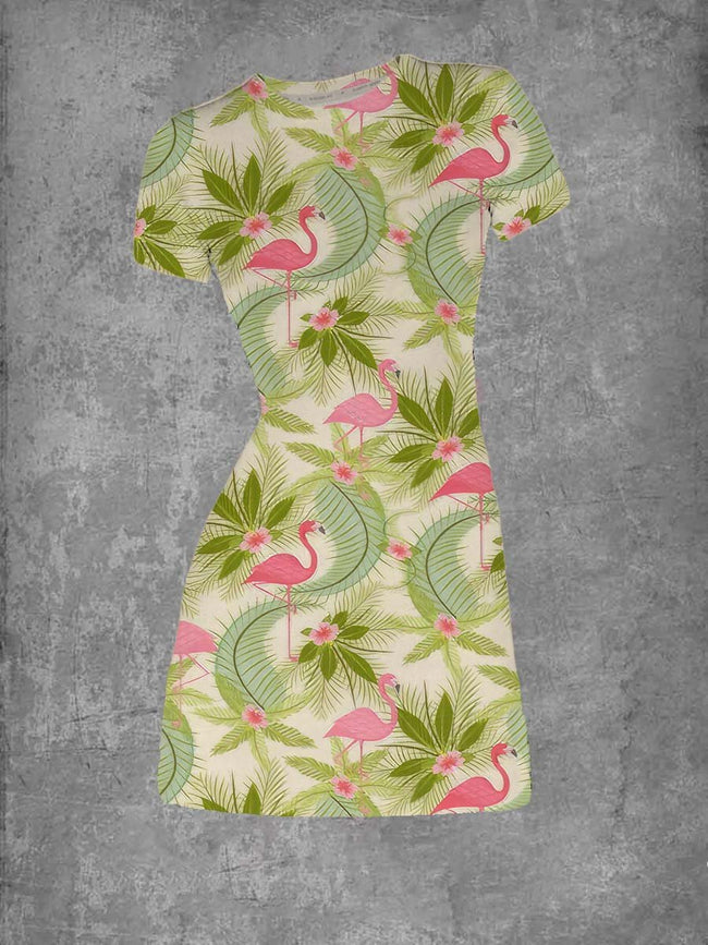Women's Vintage Flamingo Paradiso Print Crew Neck T-Shirt Dress