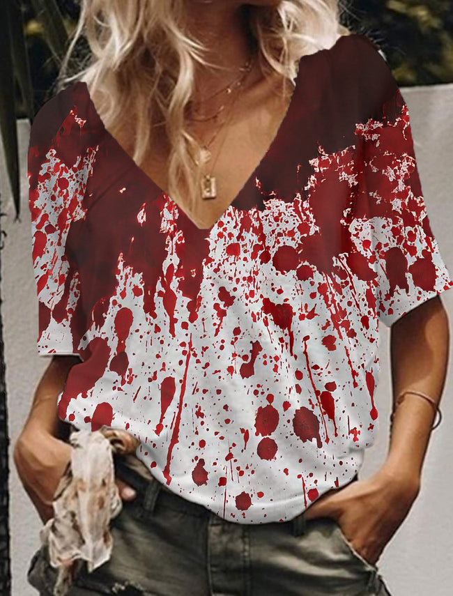 Women's Halloween Blood Print V-Neck Drop Shoulder T-Shirt