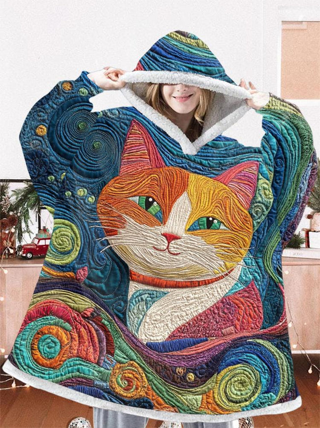 Cat Star River printed oversized flannel hoodie blanket