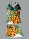 Women’s V-neck Vintage Butterfly Art Print Suspender Skirt Tankini Set Swimsuit