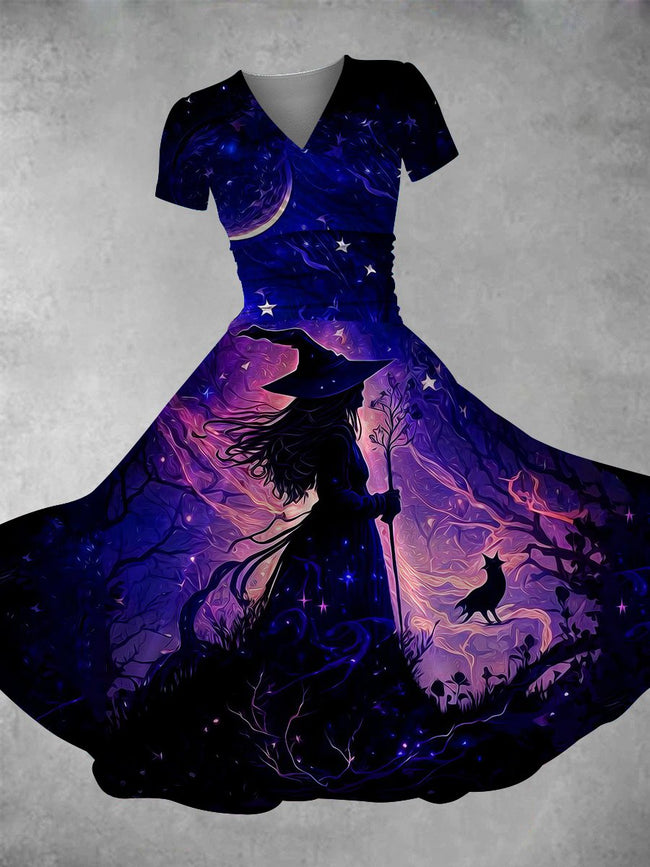 Women's Vintage Halloween Witch Print Maxi Dress