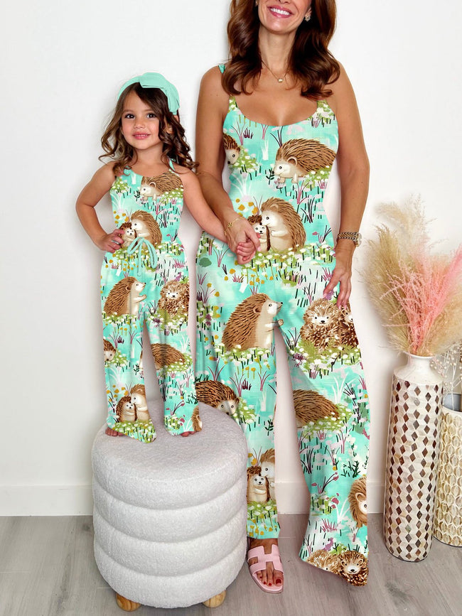 Mommy and Me Jumpsuits Vintage Cute Hedgehog Village Print Wide leg Jumpsuit