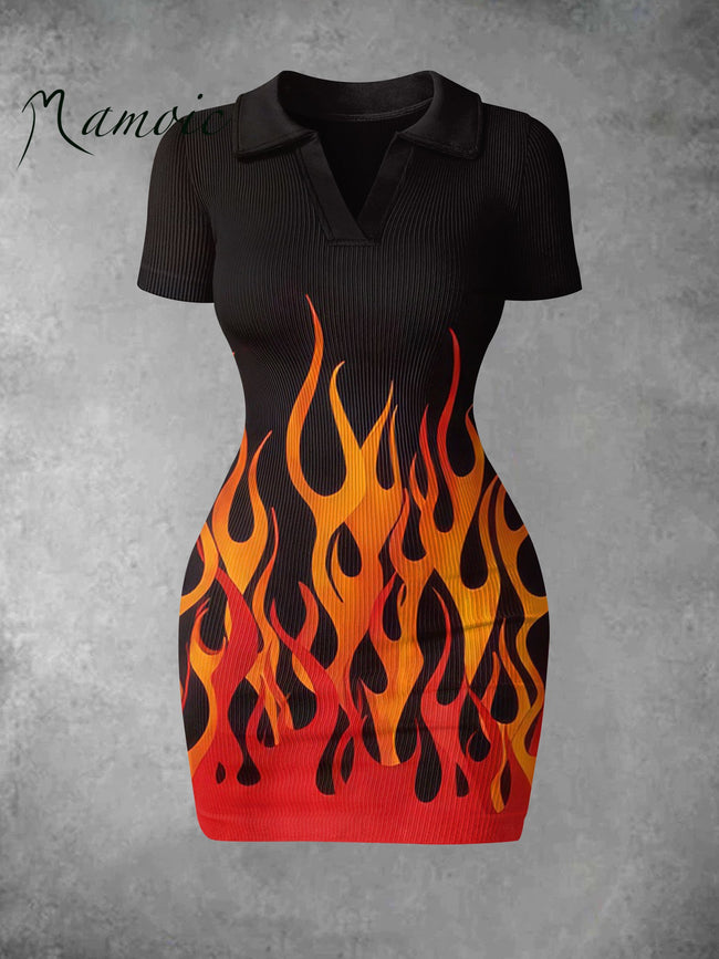 Women's Vintage Geometric Flame Print Ribbed Bodycon Mini Dress