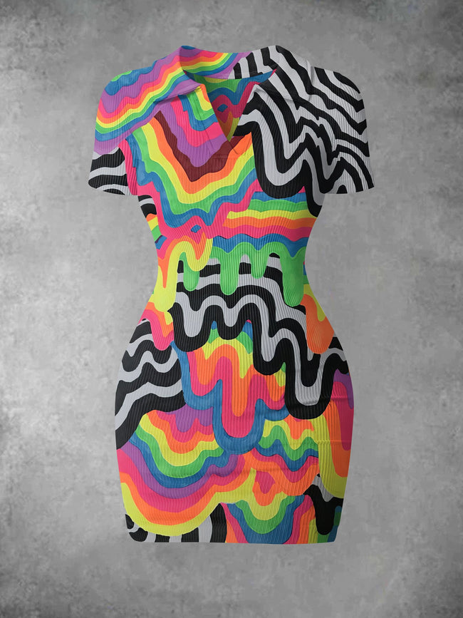 Women's Vintage Abstract Lines Print Ribbed Bodycon Mini Dress