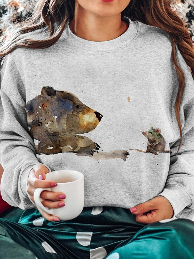 Winter Bear and Mouse Print Crew Neck Long Sleeve Sweatshirt