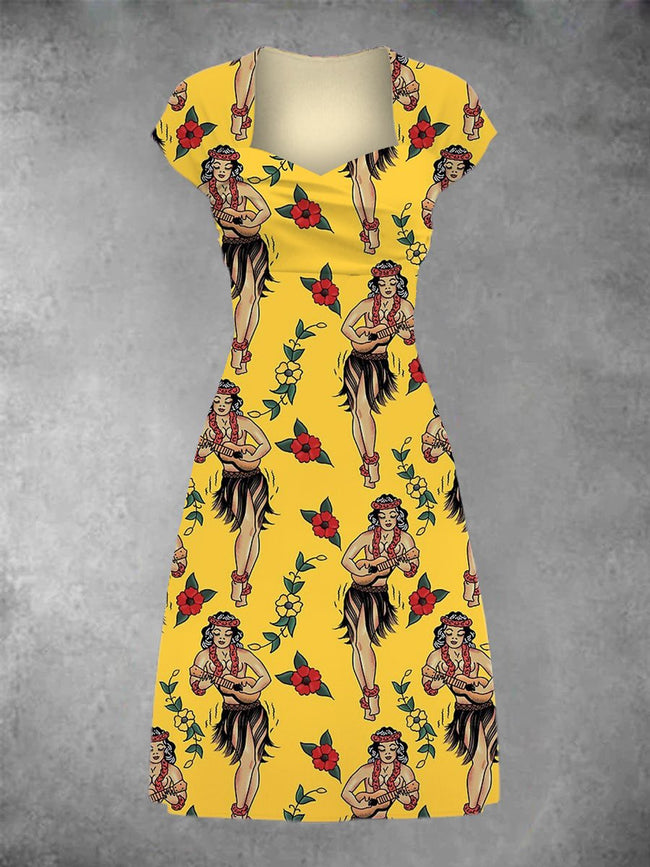 Women's Yellow Vintage Aloha Print Patchwork Casual Midi Dress