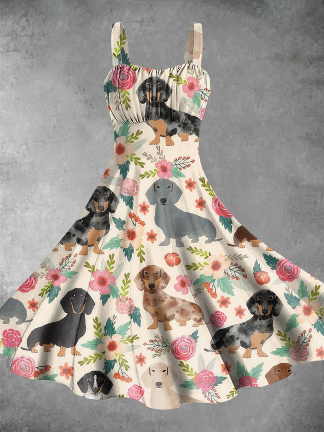 Vintage Cute Dachshund Print Backless Dress