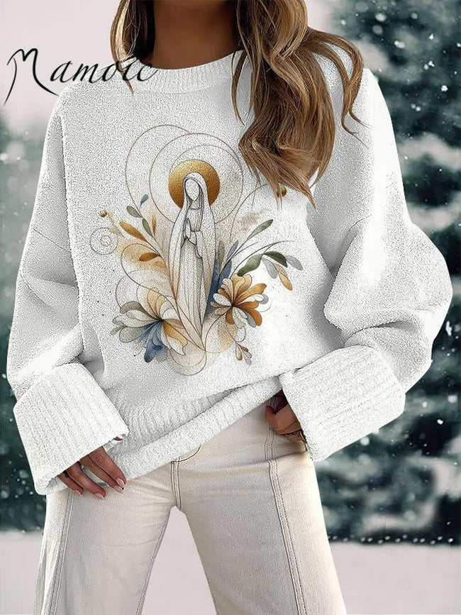 Women's Virgin Mary Print Fuzzy Knit Casual Pullover Sweaters