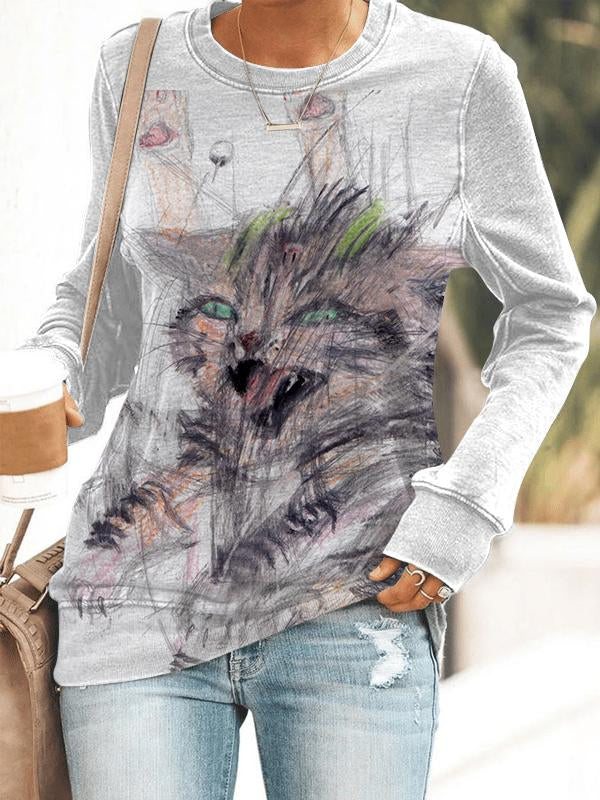 Vintage Cute Cat Print Long Sleeve Sweatshirt