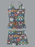 V-Neck Retro Hippie Style Print Suspender Skirt Tankini Pantskirt Set Swimsuit