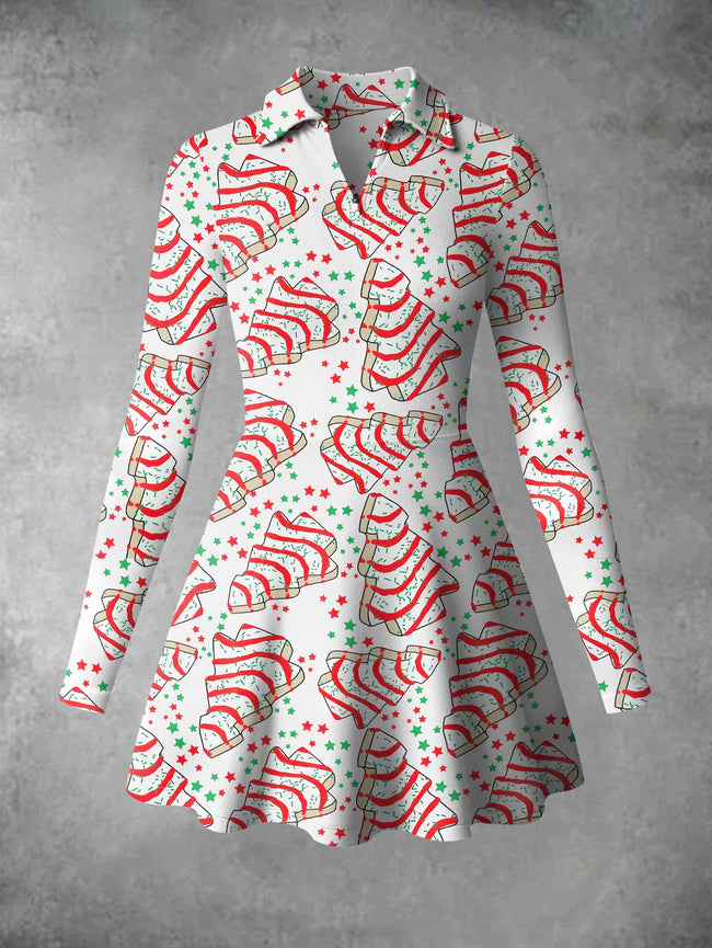 Vintage Christmas Tree Cake Print A-Line Ribbed Zipper Mini Dress