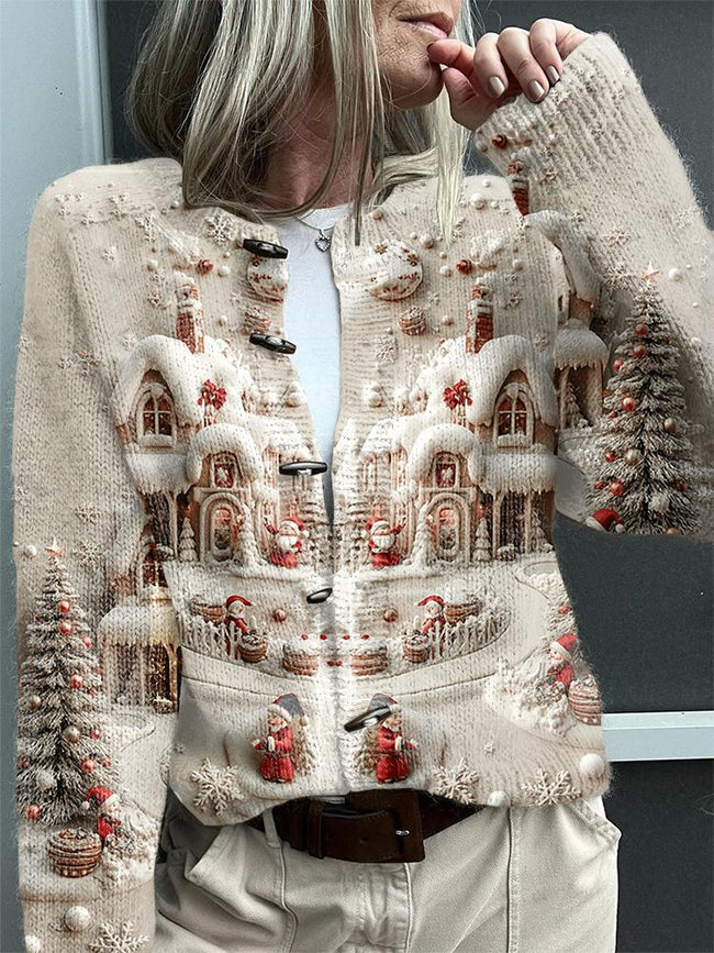 Vintage Christmas castle and Christmas tree print button cardigan