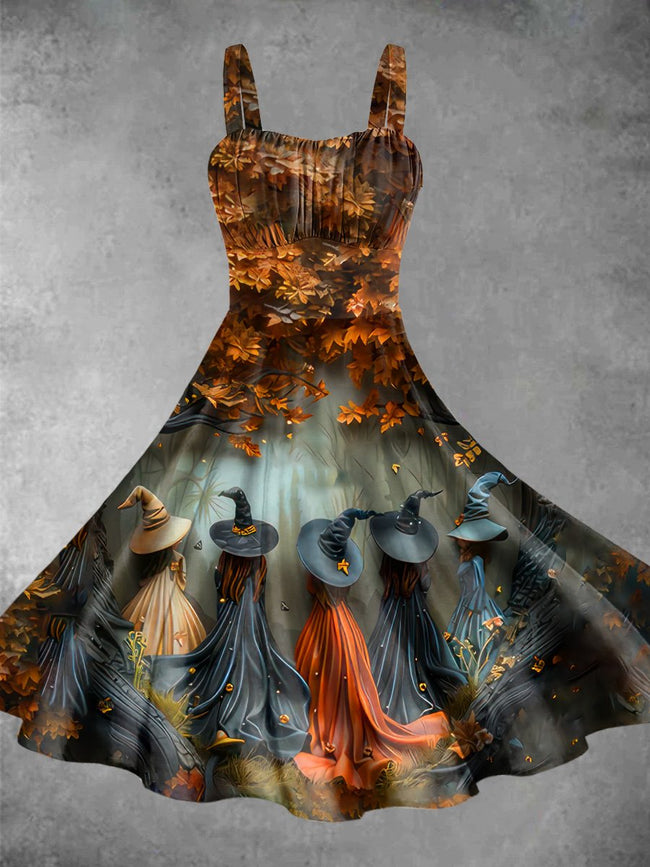 Vintage Bronze Witch Halloween Print Backless Dress