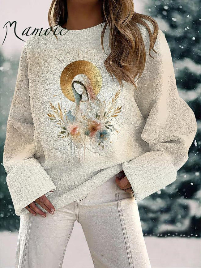 Women's Virgin Mary Print Fuzzy Knit Casual Pullover Sweaters