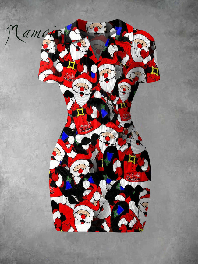 Women's Vintage The lovely Santa Claus Print Ribbed Bodycon Mini Dress