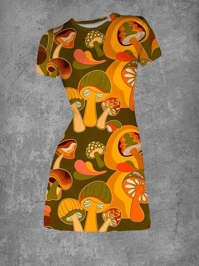 Women's Vintage Mushroom Print Crew Neck T-Shirt Dress