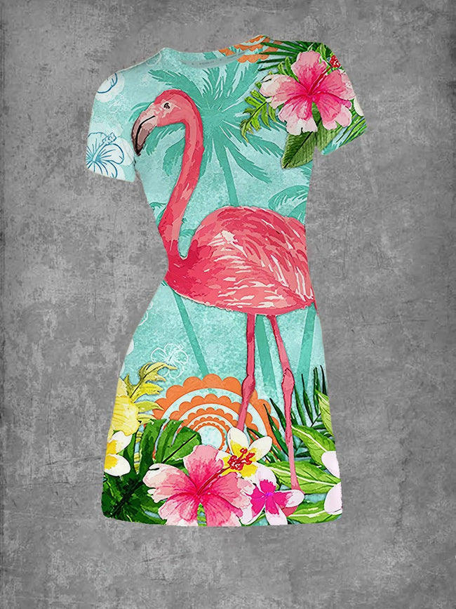 Women's Flamingo Print Crew Neck T-Shirt Dress
