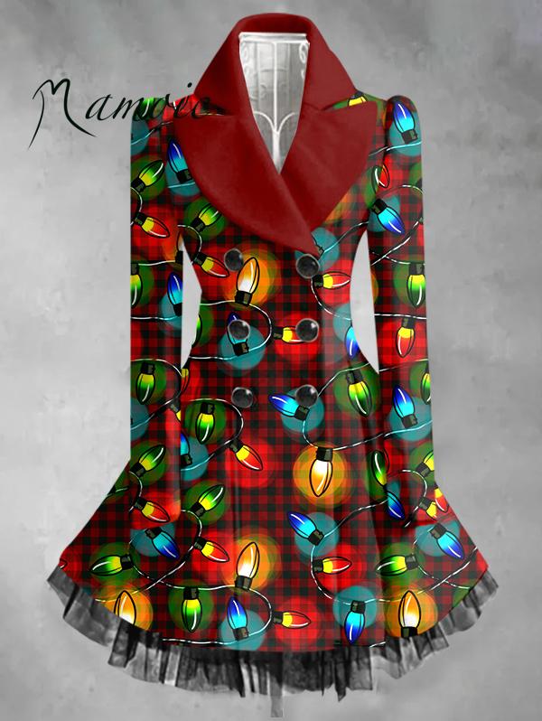 Vintage Christmas Lights Printed Elegant Lapel Long Sleeve Coat Dress