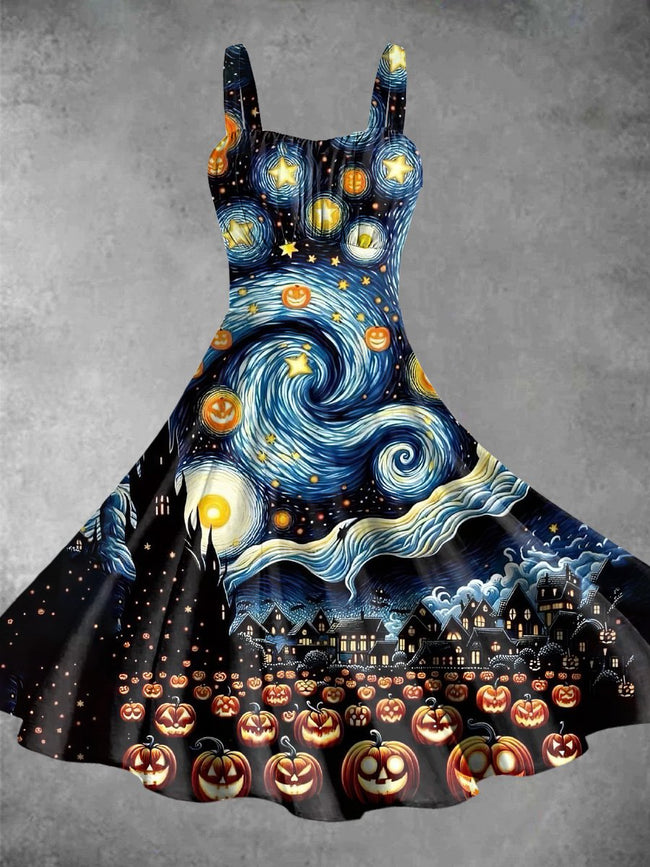 Vintage Van Gogh the Witch of the Starry Sky Print Backless Dress