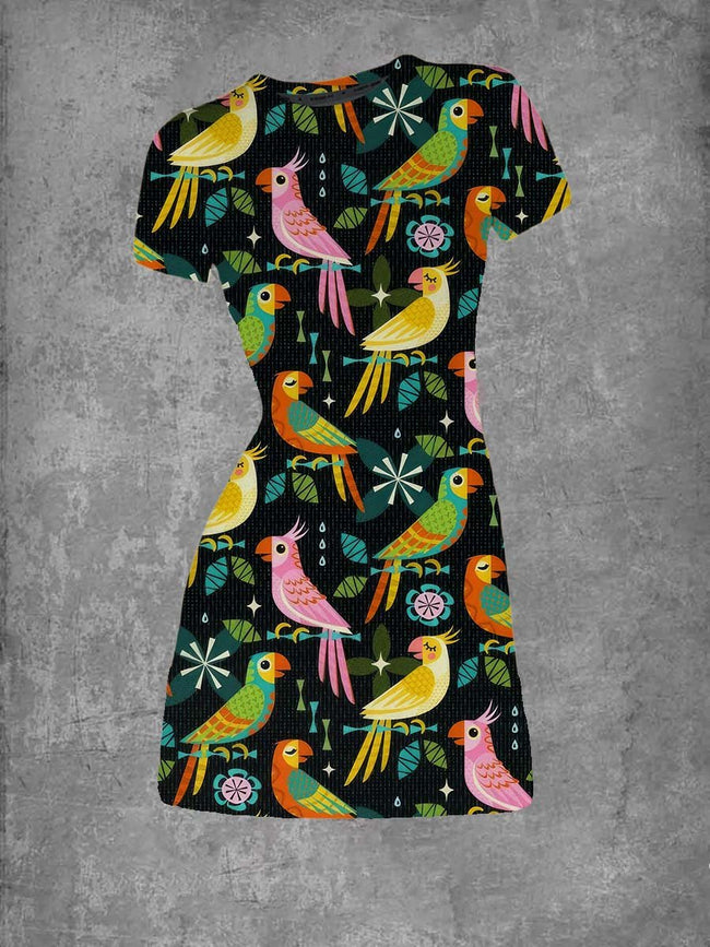 Women's Vintage Parrot Party Print Crew Neck T-Shirt Dress