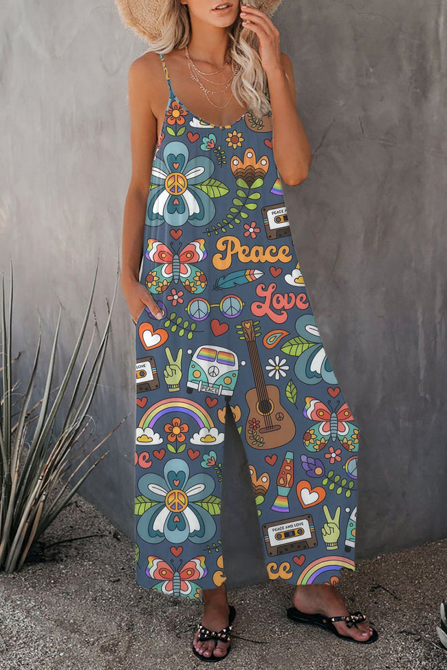 Retro Hippie Style Print Wide leg Jumpsuit with Pockets
