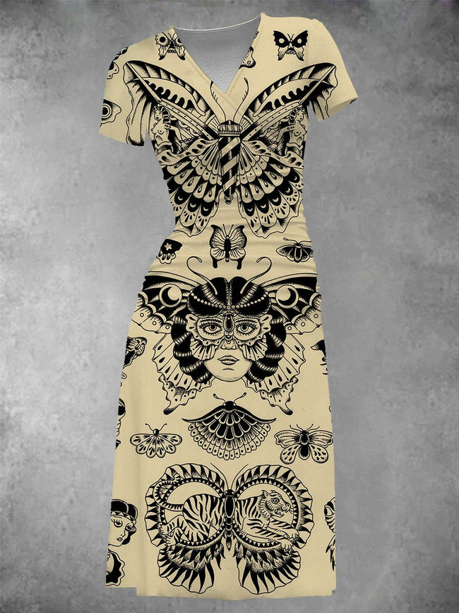 Women's Vintage Butterfly Print Midi Dress
