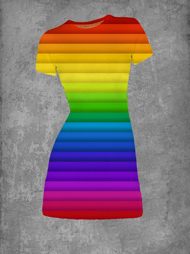 Women's Color Rainbow Stripes Print Crew Neck T-Shirt Dress