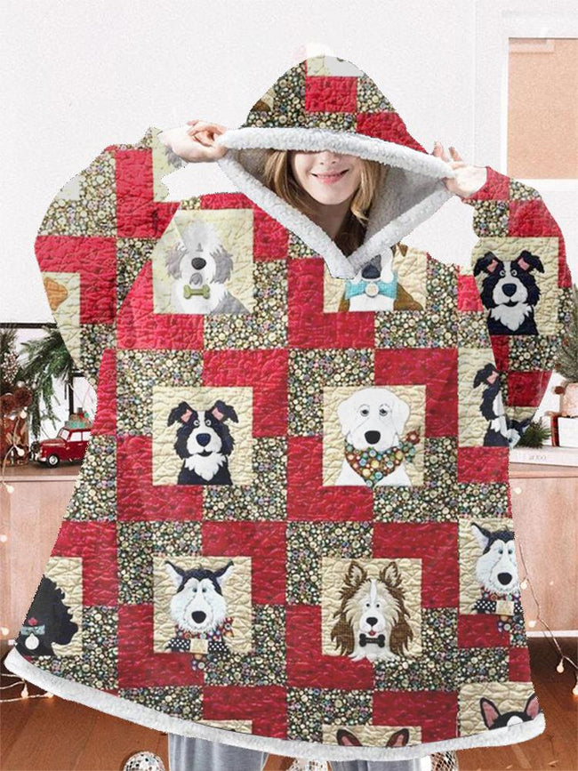 Puppy print oversized flannel hoodie blanket