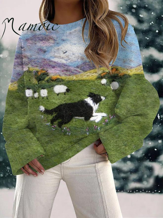 Women's Felt Border Herders and Sheep Print Fuzzy Knit Casual Pullover Sweaters