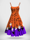 Women's Vintage Halloween Pumpkin Smiley Ghost Pattern Two-Piece Dress