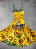 Vintage Sea of Sunflowers Print Backless Dress