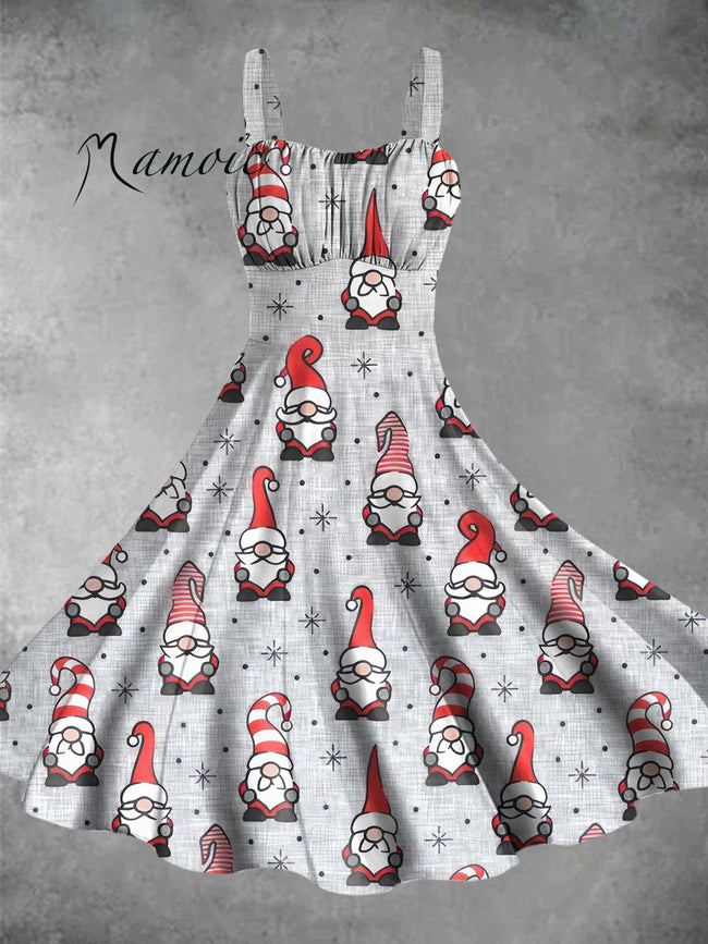 Vintage Christmas Gnome Print Backless Dress