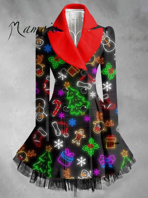 Vintage Christmas Printed Elegant Lapel Long Sleeve Coat Dress