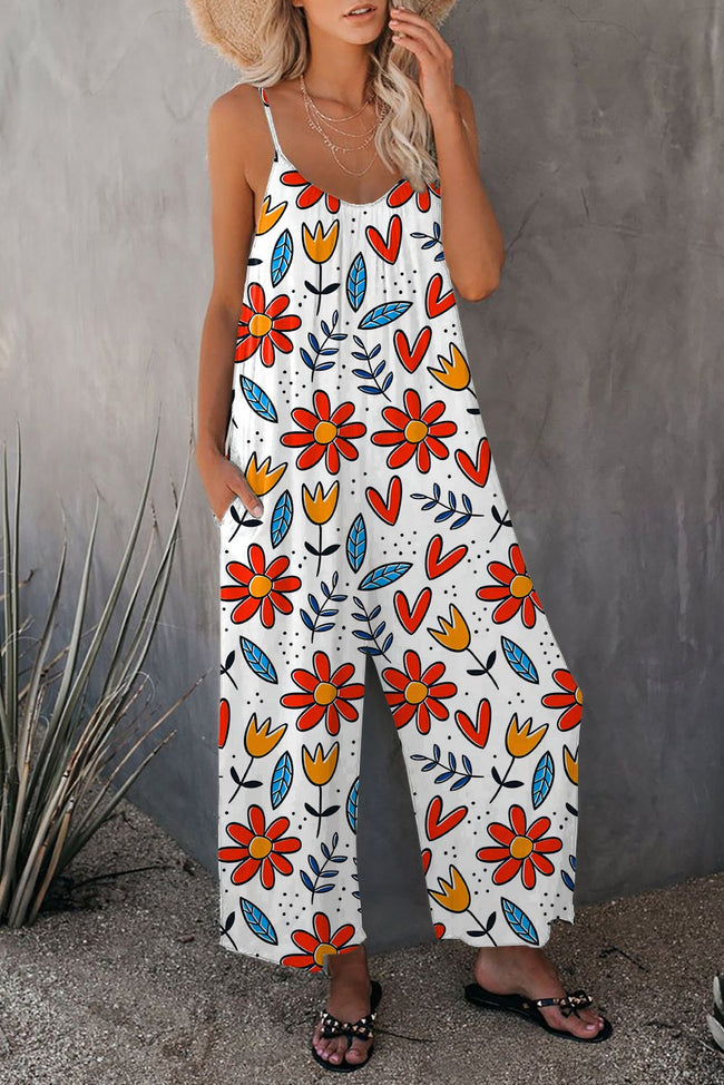 Vintage Flowers Print Wide leg Jumpsuit with Pockets