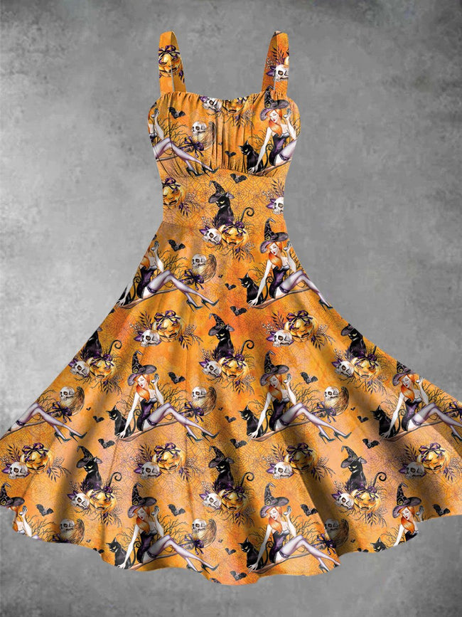 Vintage Pumpkin Witch Halloween Print Backless Dress