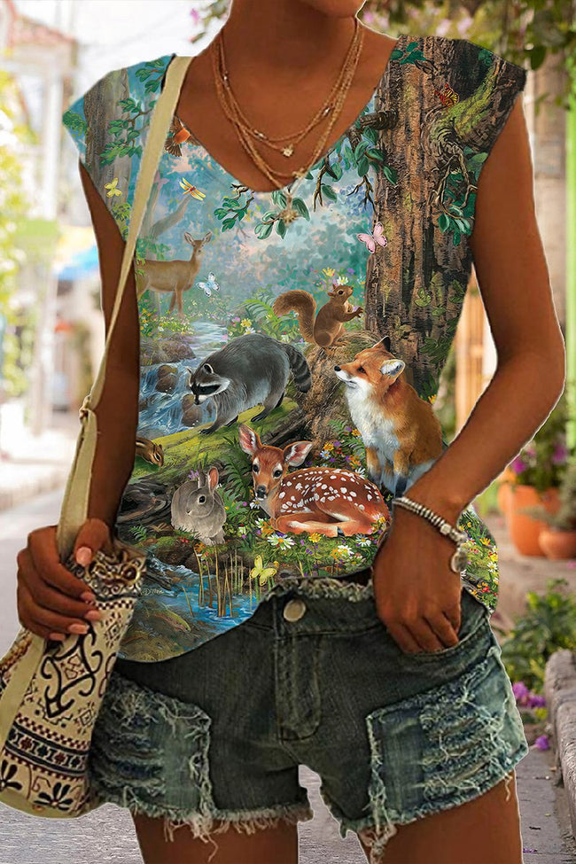 Women's Forest Animals Print Sleeveless Tank Top