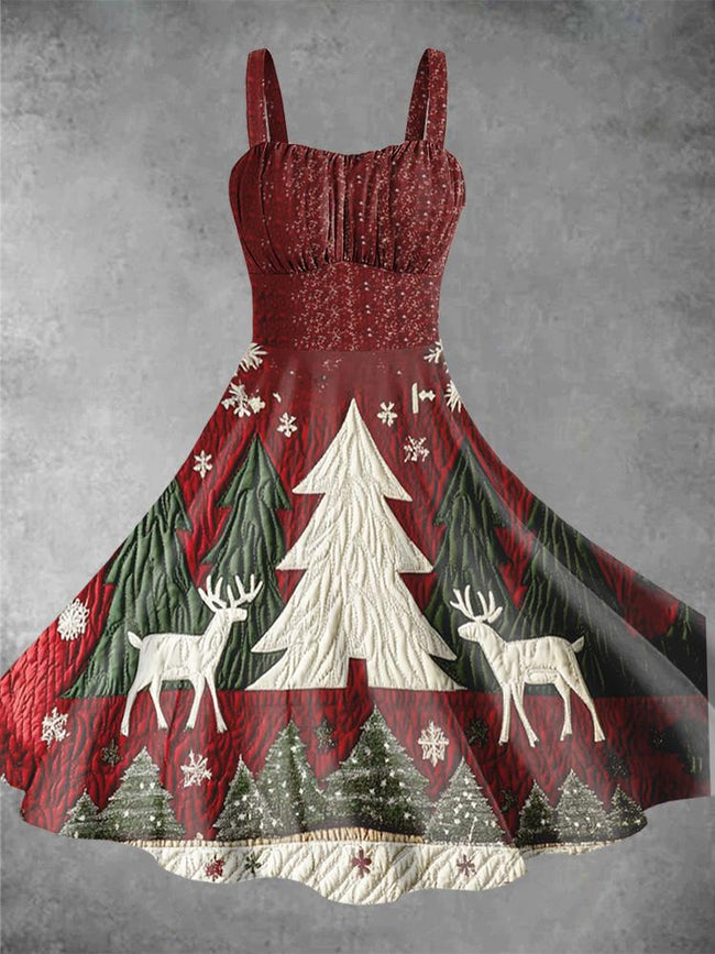 Vintage Christmas Tree Print Halter Dress