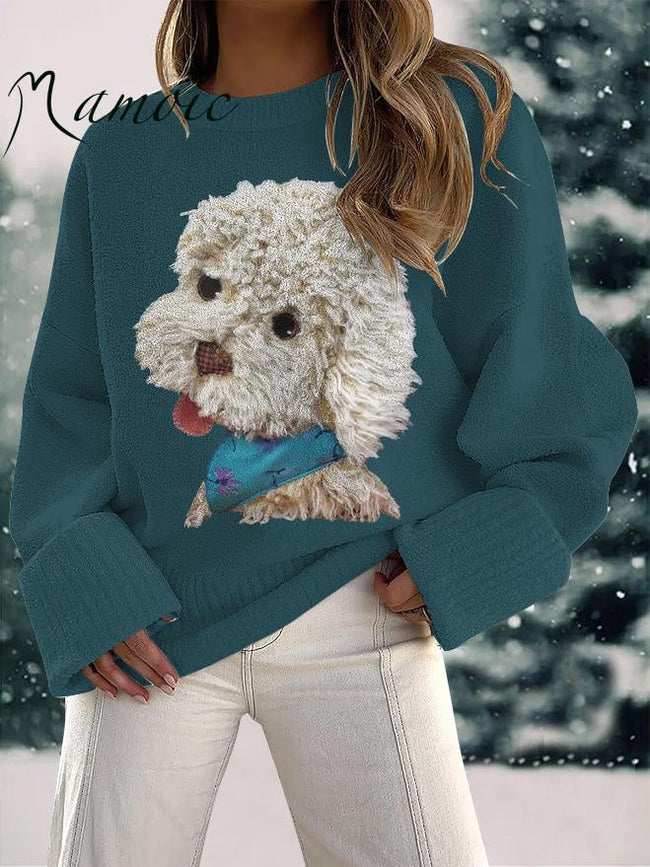 Women's Cute Puppy Print Fuzzy Knit Casual Pullover Sweaters